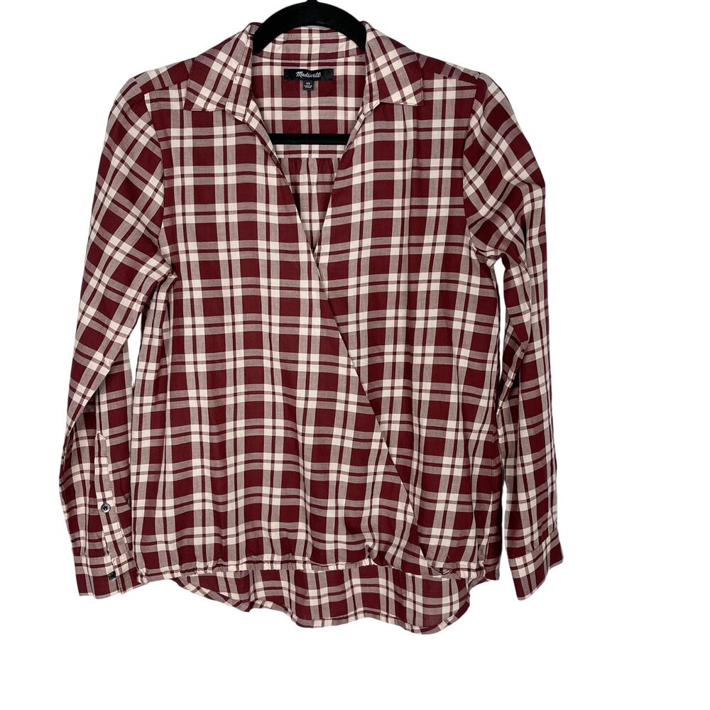 Madewell XS Red Cabernet Cream Arion Plaid Shirt Faux Wrap Long Sleeve Blouse